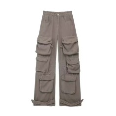 Punk Kpop Harajuku Streetwear Multiple Casual Fashion Pockets Baggy Gothic Workwear Pants - Tan Cotton