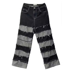 Punk Kpop Harajuku Y2k Hiphop Streetwear American Style Sleeve Gradient Patchwork Ripped Pants - Black Gray Denim