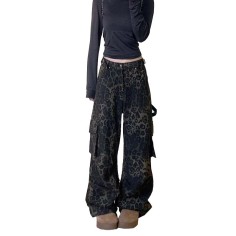 Punk Kpop Harajuku Y2k Multi Pocket Loose Parachute Oversize High Waist Baggy Leopard Pants - DarkGreen Cotton