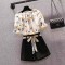 Spring Summer Style Korean Kpop Kdrama Flower Printed Tops Short Sleeve Blouse Shirt with Short 2 pcs Set - Black Beige Polyester Cotton