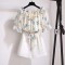 Spring Summer Style Korean Kpop Kdrama Flower Printed Tops Short Sleeve Blouse Shirt with Short 2 pcs Set - White Beige Polyester Cotton