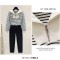 Autumn Winter Style Korean Kpop Kdrama Tracksuit Striped Zip Sweater Blouse + High Waist Casual Pants 2 pcs Set - Black White Polyester Cotton