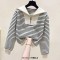 Autumn Winter Style Korean Kpop Kdrama Tracksuit Striped Zip Sweater Blouse + High Waist Casual Pants 2 pcs Set - Black White Polyester Cotton