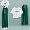 Summer Style Korean Kpop Kdrama Cotton Short Sleeve T-shirt Wide Leg Pants 2 pieces Set  - Green White Cotton
