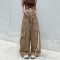 Y2K Baggy Harajuku Trendy Casual Street Hip-hop High Waist Wide Leg Pants - Khaki Fabric