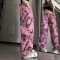 Punk Kpop Harajuku Y2k Solid Full Print Causal Street Hiphop Fun Wide Leg Pants - Pink Polyester Cotton