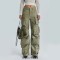 Punk Kpop Harajuku Y2k Solid High Waist Multi Pocket Loose Fit Pants - Light Green Faux Leather