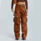 Punk Kpop Harajuku Y2k Solid High Waist Multi Pocket Loose Fit Pants - Orange Faux Leather