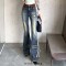 Vintage Style 90s Aesthetic Punk Kpop Harajuku Cross Patchwork Bootcut Pants - Blue Denim