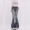 Punk Kpop Harajuku Raw Edge Design Flared Wide Leg Patchwork Pants - Blue Denim