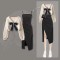 Autumn Style Korean Kpop Kdrama Bowtie Knitted Sweaters Elegant Bow Cardigan Strap Skirt Matching Set - Beige Black Polyester Cotton