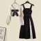Autumn Style Korean Kpop Kdrama Bowtie Knitted Sweaters Elegant Bow Cardigan Strap Skirt Matching Set - Beige Black Polyester Cotton