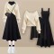 Autumn Style Korean Kpop Kdrama Long Sleveed Three Piece Matching Set - Apricot Black Polyester Cotton