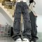 Punk Kpop Harajuku Y2k High Waist Pant High Street Light Black Straight Jeans Wide Leg Baggy Pants - Black Denim