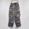Punk Kpop Harajuku Y2k High waist Multiple Pockets Graffiti Grey Letter Straight Wide Leg Cargo Pants - Gray Denim
