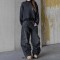 Punk Kpop Harajuku Y2k Flame embroidery loose high waisted Pants - Black Denim