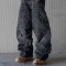 Punk Kpop Harajuku Y2k Flame embroidery loose high waisted Pants - Black Denim