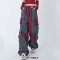 Punk Kpop Hiphop Harajuku Y2k High Waist Color Block Overalls Casual Straight Leg Streetwear Pants - Gray Red Cotton