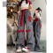 Punk Kpop Hiphop Harajuku Y2k High Waist Color Block Overalls Casual Straight Leg Streetwear Pants - Gray Red Cotton