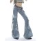 Punk Kpop Harajuku Y2k Solid Hollow Out High Waist Spliced Pocket Streetwear Wide Leg Cargo Pants - Blue Denim