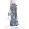 Punk Kpop Harajuku Y2k Solid Hollow Out High Waist Spliced Pocket Streetwear Wide Leg Cargo Pants - Blue Denim