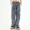 American Stereoscopic Multi Pocket Washed Straight Tube Loose Relaxed Long Workwear Jeans - Blue Denim