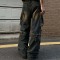 Punk Kpop Harajuku Y2k Streetwear Loose Straight Leg Hip Hop Loose Fit Multiple Pockets Cargo Pants - Gray Denim