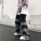 Punk Kpop Harajuku Y2k Hiphop Streetwear American Style Sleeve Gradient Patchwork Ripped Pants - Black Gray Denim