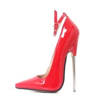 Metal Heel Point Toe Patent Ankle Straps Pumps - Red
