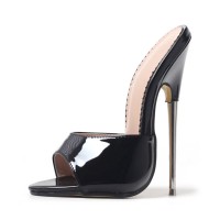 Metal Heel Peep Toe Patent Summer Sandals - Black