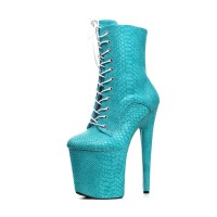 Platform High Heel Round Toe Pole Dancing Lace Up Ankle Snake Boots with Side Zipper - Turquoise