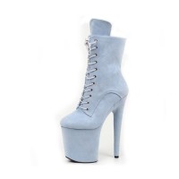 Platform High Heel Round Toe Pole Dancing Lace Up Ankle Suede Boots with Side Zipper - LightBlue