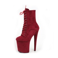 Platform High Heel Round Toe Pole Dancing Lace Up Ankle Suede Boots with Side Zipper - Dark Red