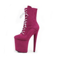 Platform High Heel Round Toe Pole Dancing Lace Up Ankle Suede Boots with Side Zipper - Medium Violet Red