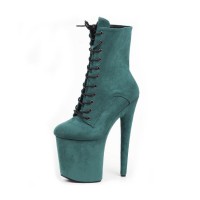 Platform High Heel Round Toe Pole Dancing Lace Up Ankle Suede Boots with Side Zipper - Teal Green