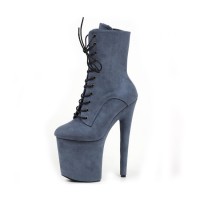 Platform High Heel Round Toe Pole Dancing Lace Up Ankle Suede Boots with Side Zipper - Slate Gray