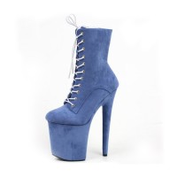 Platform High Heel Round Toe Pole Dancing Lace Up Ankle Suede Boots with Side Zipper - Steel Blue