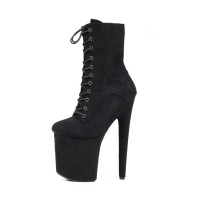 Platform High Heel Round Toe Pole Dancing Lace Up Ankle Suede Boots with Side Zipper - Black
