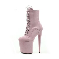 Platform High Heel Round Toe Pole Dancing Lace Up Ankle Suede Boots with Side Zipper - Pink