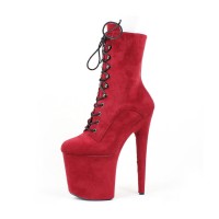 Platform High Heel Round Toe Pole Dancing Lace Up Ankle Suede Boots with Side Zipper - Red