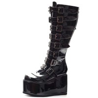 Round Toe Platforms Knee Highs Decorated Straps Space Punk Walk Wedges Boots - Black Patent