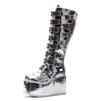 Round Toe Platforms Knee Highs Decorated Straps Space Punk Walk Wedges Boots - Silver Patent