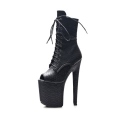 Platform High Heel Peep Toe Pole Dancing Lace Up Ankle Snake Boots with Side Zipper - Black