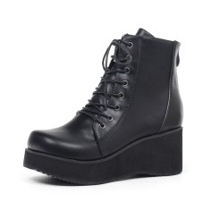 Wedge Heel Matt Gothic Style Platform Lace Up Ankle Boots - Black