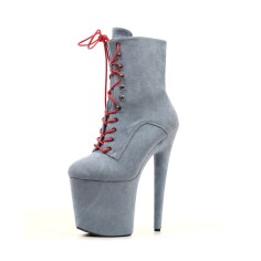 Platform High Heel Round Toe Pole Dancing Lace Up Ankle Suede Boots with Side Zipper - Light Steel Blue