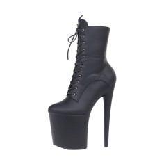 Platform High Heel Closed Toe Pole Dancing Lace Up Ankle Boots with Side Zip - Black Matt