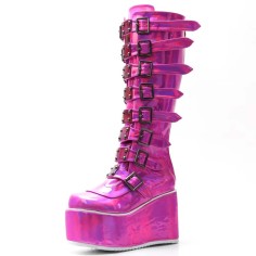 Round Toe Platforms Knee Highs Decorated Straps Space Punk Walk Wedges Boots - HotPink Patent