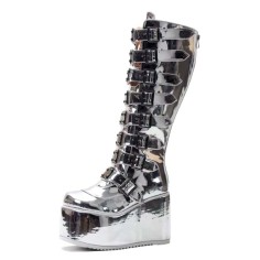 Round Toe Platforms Knee Highs Decorated Straps Space Punk Walk Wedges Boots - Silver Patent