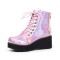 Wedge Heel Holographic Punk Style Platform Lace Up Ankle Boots - Pink