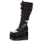 Round Toe Platforms Knee Highs Decorated Straps Space Punk Walk Wedges Boots - Black Patent